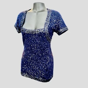 Donna Karen New York Sweater Dress Navy Sequins Square Neck Short Sleeve Small - Picture 1 of 10