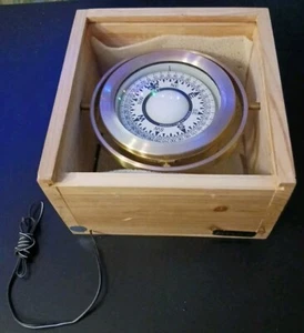Vintage große maritime Yacht Segeln kardanisch Kompass beleuchtet, Messing-Holz Etui OBRO - Bild 1 von 10