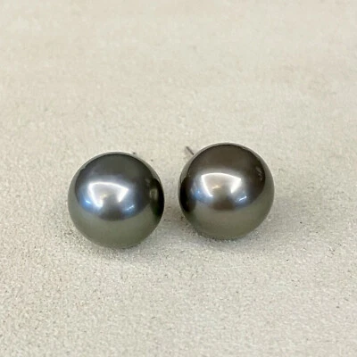 STUNNING 9-10MM tahitian pair  black green  pearl stud  earring925s - Image 1 of 3