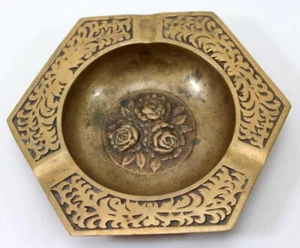 Vintage Brass Metal Three Rose Ash Tray Hexagon ~ Made in Korea - Picture 1 of 4