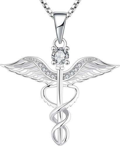 HERMÈS Collana Caduceo Argento Sterling 925 Dottore Infermiere Ciondolo Pietre Preziose Ali di Angelo