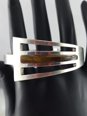 Brazalete Brazalete México Vintage Plata Esterlina Sólida Ojo de Tigre Piedra 54 Gramos Foto 1 de 4