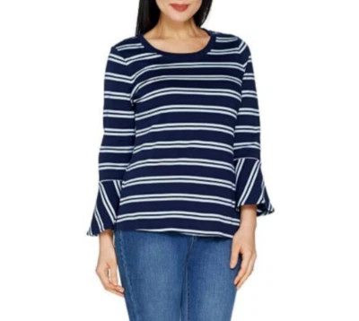 Top Isaac Mizrahi para mujer mediano azul blanco rayas algodón cuello redondo manga campana Foto 1 de 3