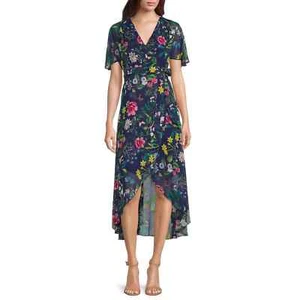 NEU Eliza J Blumendruck Midikleid Faux Wickel Hi Lo Tie Taille Damengröße 6 - Bild 1 von 10