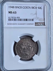 Costa Rica 50 Centimos 1948 BNCR NGC MS 63 - Picture 1 of 2