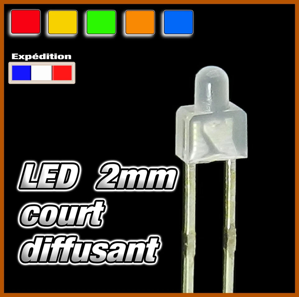 323# LED 2mm court blanc diffusant au choix rouge, orange, jaune, vert ou bleu