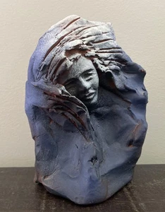 Sean Corner Clay Face Sculpture Woman Blue 5 in. Signed Stands - Picture 1 of 8