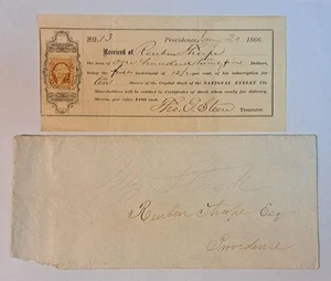 1866 National Eyelet Company Capitol Stock Share Receipt with Revenue Stamp - Picture 1 of 5