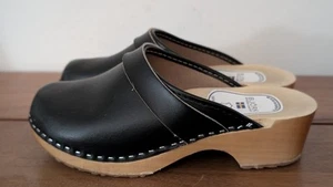 Bjork Swedish Comfort Wood Open Back Black Leather Slip On Clogs Size 36 US 6 - Picture 1 of 6