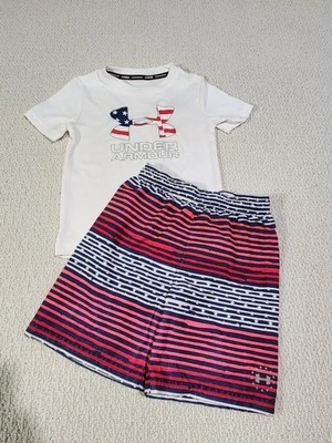 Under Armour Swim Boys Red White And Blue Patriotic Rashguard And Suit Sz 5 - Image 1 of 4
