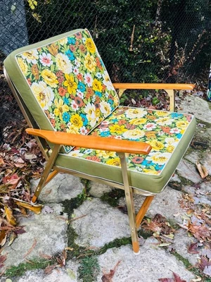 DE COLECCIÓN MCM ERA ATÓMICA TELESCÓPICA MADERA DE TECA FLORAL QUITAR COJÍN SILLA DE CÉSPED PLEGABLE Foto 1 de 4