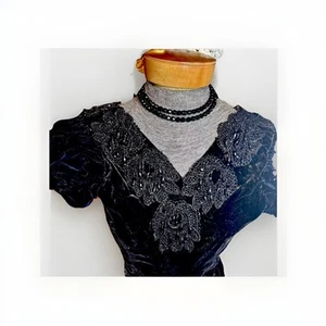 Antique Jet Victorian 1800s Bodice Black Velvet Beaded Plus 14k Jet BeadNecklace - Picture 1 of 19