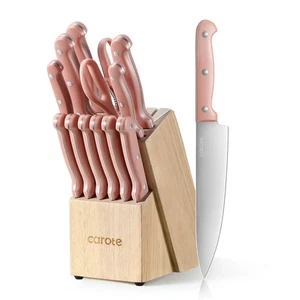 Carote 14 Pieces Knife Set Built-in Sharpener Block Stainless Steel Pink - Picture 1 of 15