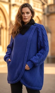 Suéter Tejido Grueso Braetan De Colección Azul Mangas Tejidas con Cable Capucha Cuello Talla L - Imagen 1 de 11