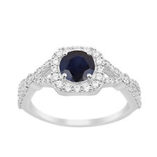 Round Blue Sapphire 925 Sterling Silver Solitaire Halo Split Shank Women Ring