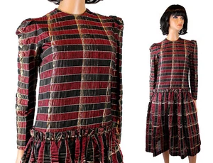 80s Prom Dress Sz 6 S Vintage Black Burgundy Red Metallic Gold Long Sleeve Gown - Picture 1 of 7