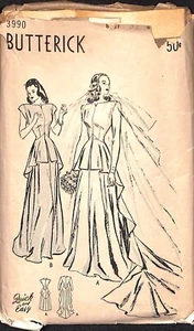 Vintage 1940s Wedding Dress Train Butterick Sewing Pattern 3990 Bust 32 Complete - Picture 1 of 2