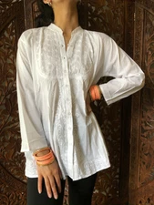Boho Gypsy Hippy White Tunic Shirt Embroidered Handmade Blouse Summer Cotton Top