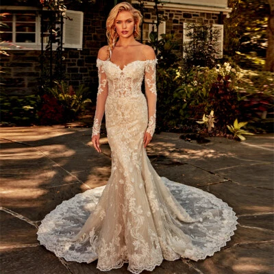 Elegantes vestidos de novia de encaje de sirena con cremallera apliques fuera del hombro con apliques de manga larga Foto 1 de 4
