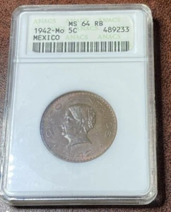 1942MO Mexico 5 Centavos Bronze ANACS MS 64 RB - Picture 1 of 4