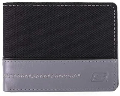 Skechers Men's Slimfold Canvas Vegan Leather RFID Wallet Black & Grey NEW - Image 1 of 3