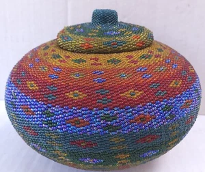 Vintage Indonesian Hand Beaded Rainbow Beads Woven LARGE Basket and Lid - Picture 1 of 7