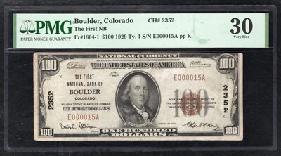 1929 $100 THE FIRST NB OF BOULDER, CO NATIONAL CURRENCY CH. #2352 PMG VF-30 - Image 1 of 2
