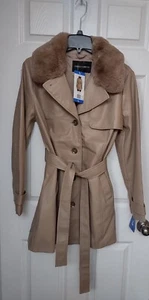 Faux Leather Jacket Vince Camuto Women Size L Belted Tan Color Long Sleeved - Picture 1 of 5