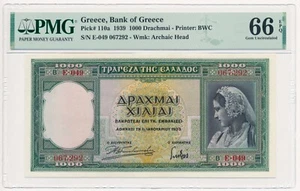 GREECE 1000 DRACHMAI PICK 110a WOMAN - ATHENA, PARTHENON 1939 PMG 66 GEM UNC EPQ - Picture 1 of 2