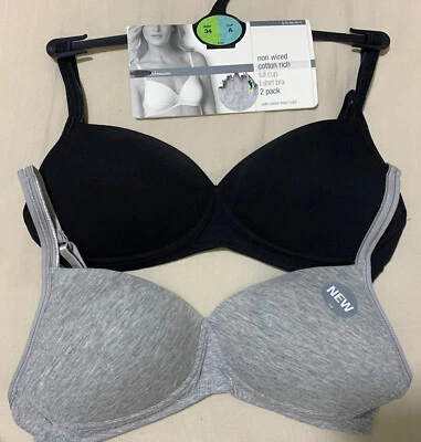 ex M&S 2PACK NON WIRED Cotton Rich FULL CUP T Shirt Bra In GREY/BLACK Size 34A
