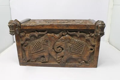 Antique Original Wooden Elephant Fighting Carved Storage Chest Dowry Box NH6804 - Image 1 of 4