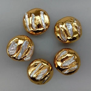 Wholesale 5 pcs Freshwater Cultured White Biwa Pearl Gold Plated Coin Beads - Picture 1 of 5