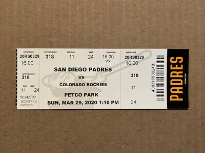 2020 San Diego Padres Covid Ticket Stub Phantom Cancelled Season 3/29 Petco Park - Image 1 of 4
