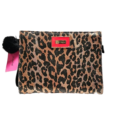 Betsey Johnson Cheetah Print Train Cosmetic Case Bag Keychain Pompom 8x10x2.5 - Image 1 of 4