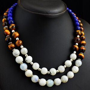 613 Cts Natural 2 Strand Tiger Eye & Lapis Lazuli Round Beads Necklace JK 17E294