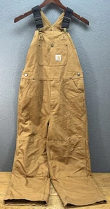 Carhartt Youth Overalls Size 12 Brown Duck Canvas Bib Double Knee Loose Unisex - Picture 1 of 10