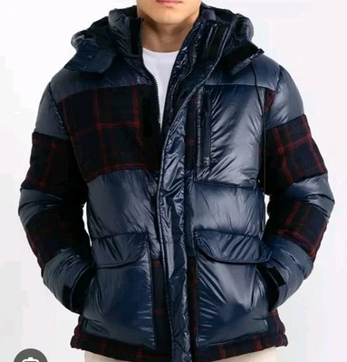 Desigual Puffer Jacket Blue Plaid Hooded Wool Blend Size M (Tag L) NWT - Image 1 of 4