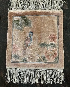 Vintage Birds Silk Fabric Woven Mini Fringe Rug Decorative Carpet - 12” - Picture 1 of 3