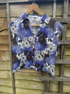 Blue White Floral Linen Blend Collared Top Short Sleeve Button Front UK 10 EU 36 - Image 1 of 4