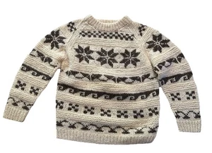 Vintage Hand knitted Wool Sweater Off White Gray Stars Snowflakes Medium - Picture 1 of 5