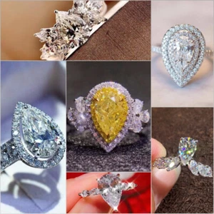 925 Silver Plated Ring Pear Cut Cubic Zircon Charm Women Wedding Ring Sz 6-10 - Bild 1 von 35