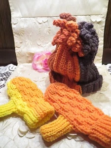 KIDS-CROCHET HAT & MITTEN SET-MULTI COLOR-SUPER CUTE-SAG OR FOLD HAT WITH CURLY - Picture 1 of 2