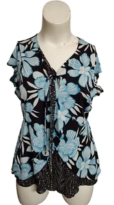 Women 2-n-1 Pullover Stretch Blouse size 1x Blue Floral Brown Dots Peephole#GGB - Picture 1 of 4