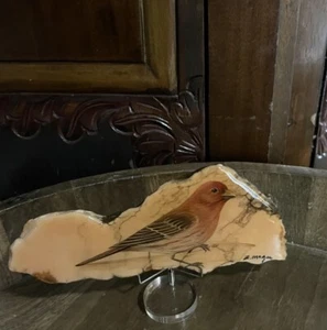 Vintage Hand Painted House Finch Bird On Howlite Heather Haynes McGee - Picture 1 of 9