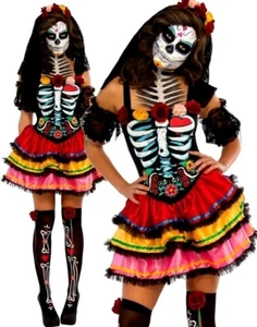 Ladies DAY OF THE DEAD SENIORA Senorita Zombie Halloween Fancy Dress + TIGHTS - Picture 1 of 2
