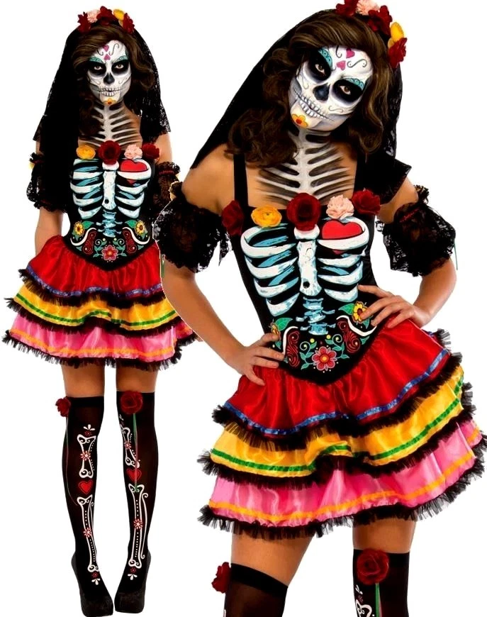 Damas DÍA DE LOS MUERTOS SENORA Senorita Zombie Halloween Vestido Elegante + MALLAS Foto 1 de 1