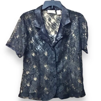 Victoria’s Secret Vintage Gold Label Black Lace Short Sleeve Button Up Blouse M - Image 1 of 4