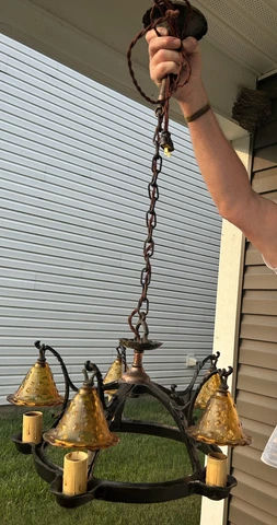 Antique Gothic Arts & Crafts Chandelier Light Fixture w/ Orig Witches Hat Shades Cover