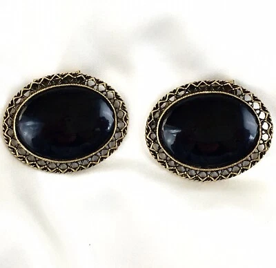 Vintage Oval Black Gold Tone Filigree Shoe/Scarf Clips Buckles - 2” x 1  1/2” - Image 1 of 4