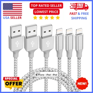 iPhone Charger 3ct 10ft for iPhone 13/12/11/X/8/7/iPad Nylon Braided Fast Charge - Picture 1 of 8